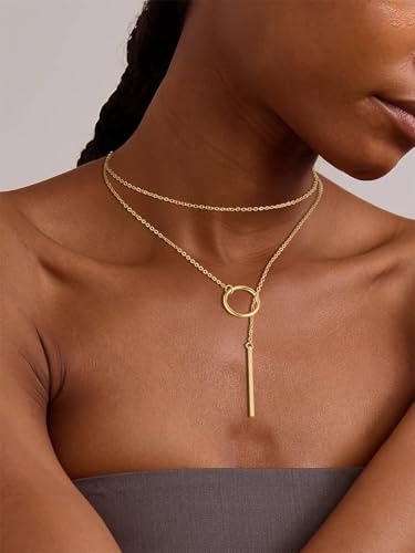 FOCALOOK Long Necklaces for Women 14K Gold Plated Dainty Drop Bar Pendant Lariat Y-Shaped Necklace Earring Set 28inch/73cm3