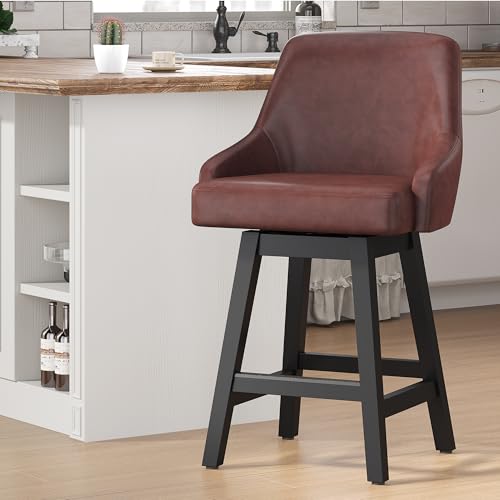 Image of YaFiti Swivel Counter Height Bar Stool 1 PC, 24 inch Modern Faux Leather Barstool with Back, Widen Upholstered Seat, Hardened Wood Legs for Kitchen Counter, Island, Dining Room, Brown