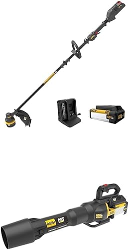 Cat Cortadora de cuerda sin escobillas de 60 V y 15 pulgadas inalámbrica con alimentación de doble línea + soplador de hojas sin escobillas 800 CFM