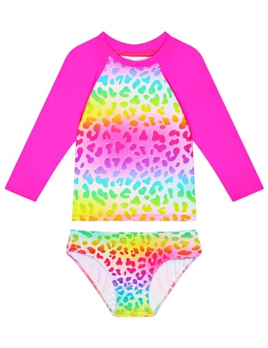Image of Snowheart Girls Swimsuit Size 4t 5t Rainbow Leopard Two Pieces Long Sleeves Swimwear Set