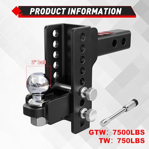 Image of TYT Adjustable Trailer Hitch for 2 inch Receiver, 6 inch Drop /Rise, 2 inch Tow Ball, 7,500 lbs GTW / 750 lbs TW, Includes Two Pins and One Anti-Theft Pin Lock