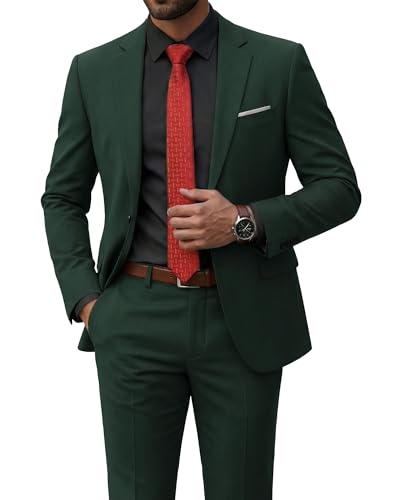YND Mens 2 Piece Suit with Tie One Button Slim Fit Solid Jacket and Pants Set Suits for Men Prom Party Wedding & Business Deep Green
