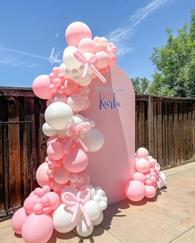 Image of Pink Bow Balloon Garland Arch Kit - Coquette Birthday Decorations Coquette Bow Pink and White Balloon Arch Kit Different Size for Wedding Bridal Girls Birthday Baby Shower Engagement Party Decorations
