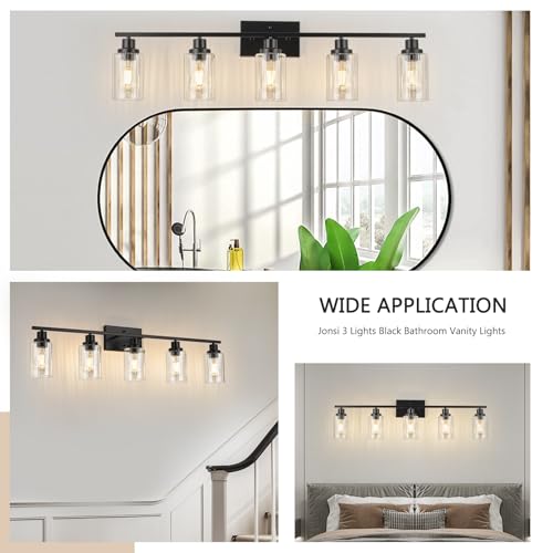 Image of Jonsi Black 5-Light Bathroom Vanity Light with Glass Shade, Modern Black Bathroom Lights Over Mirror, W 40.2 x H 10.7 inches