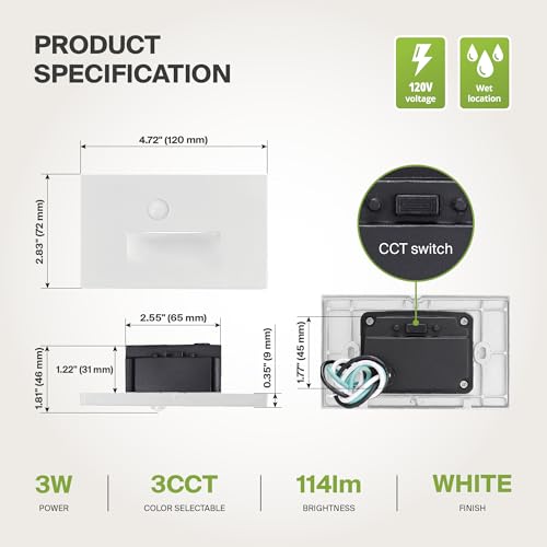 Image of ASD LED Recessed Step Light Fixture, Outdoor & Indoor Stair Tread Lighting | 3CCT, Motion Sensor, Waterproof, ETL Listed | 3W 120LM 3000K-5000K 120V | Staircase Hardwired Illumination | White