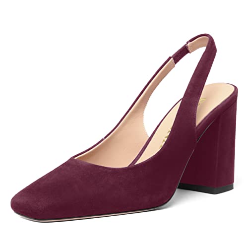 FOGEENA Womens Fashion Slingback Sexy Wedding Suede Leather Square Toe Comfortable Block High Heel Pumps Dress Shoes 3.5 Inch