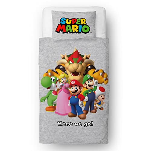 Nintendo Super Mario - Juego de Funda de edredón para Cama Individual, diseño Here We Go Funda de Cama Reversible de 2 Caras, Producto Oficial, Incluye Funda de Almohada a Juego de Cama Individual
