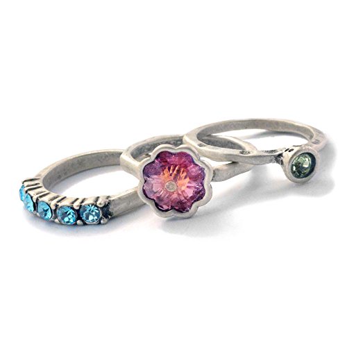 Sweet Romance Vintage Flower Swarovski Crystal Inspirational Wanderlust Boho Stack Rings - Set of 3 Stacking Rings (E - Adventure - Size 7)