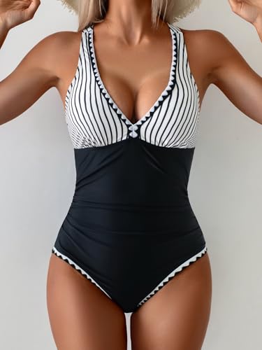 Image of B2prity One Piece Swimsuit for Women Tummy Control Ruched Bathing Suit Push Up Tie Back Swimwear Shell Stitched