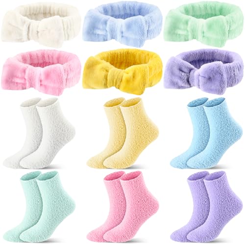 Yearntown 12 Pcs Spa Sleepover Party Supplies for Women Bulk 6 Fuzzy Socks Headbands for Slumber Party Favors Winter Slipper Socks (Multicolor)
