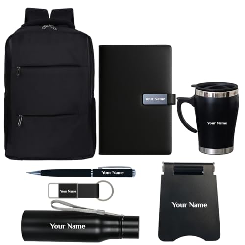 Image of Giftana 7 in 1 Backpack with Personalized Diary, Pen, Keychain, Mobile Stand, Coffee Mug & Water Bottle 750ml Gift for Men & Women, Diwali Corporate Gift for Employees (Black)