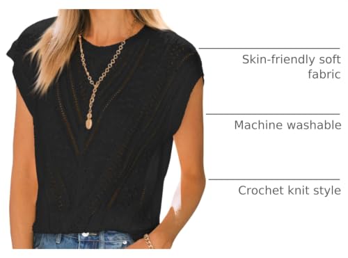 Image of Langwyqu Womens Cap Sleeve Tops Summer Crew Neck Shirt Lightweight Crochet Knit Sweater