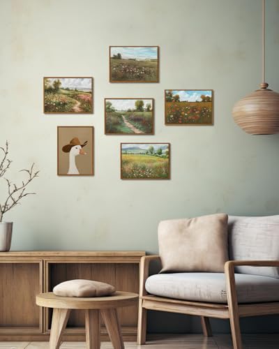 Image of KISSFOX Vintage Landscape Framed Wall Art Autumn Farmhouse Wildflower Field Canvas Art Natural Fall Countryside Paintings Artwork Rustic Art Prints For Bedroom Bathroom Living Room