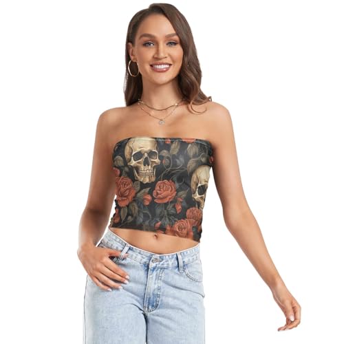 Camiseta de tubo sin tirantes con diseño de calaveras y rosas rojas, retro, para mujer, top de tubo transparente, tops cortos de moda (S), Cráneos retro, rosas rojas, M