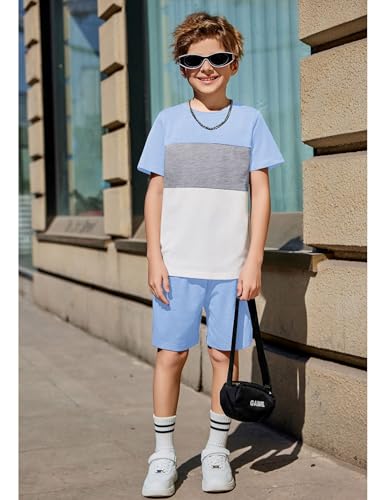 Image of Arshiner Boys' 2-Piece Cotton Outfit Color Block T-Shirt and Shorts Set Summer Camo Clothes for Kids 5-14 Years