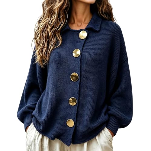 Oversized Cardigan Sweaters For Women Collared Knit Sweater With Big Button - image 2