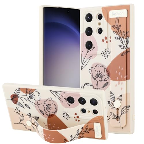 OOK Case for Samsung Galaxy S23 Ultra with Finger Strap White Retro Flower