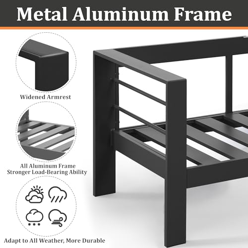 Image of Outdoor Conversation Sets, Aluminum Patio Couch with Outdoor Coffee Table, All-Weather Metal Patio Couch with 5 inch Thick and Soft Cushion and Wide Arm, Outdoor Sofa Sets for Balcony, Porch, Dark Blue