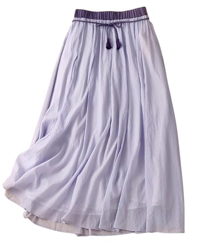 CHARTOU Women Summer Cotton Linen Midi Skirt Ruffle Swing A Line Skirt Layered Mid Long Boho Flowy Skirt Drawstring