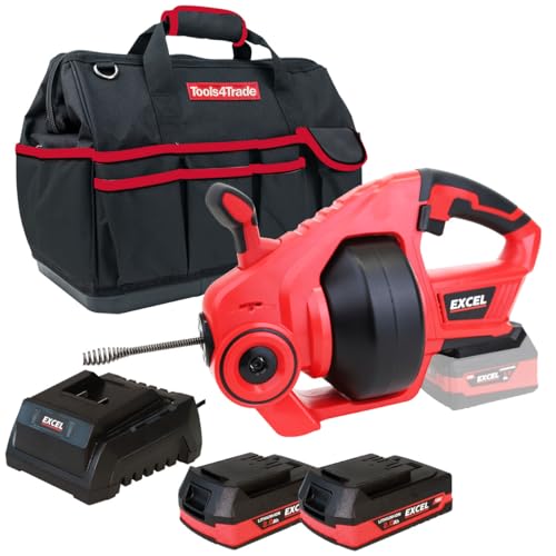 Excel Limpiador de drenaje inalámbrico de 18 V con 2 baterías de 2.0 Ah y bolsa, capacidad de tubería de 20 a 50 mm, barrena de drenaje, luz LED, drenaje de agua, control de velocidad variable, luz de
