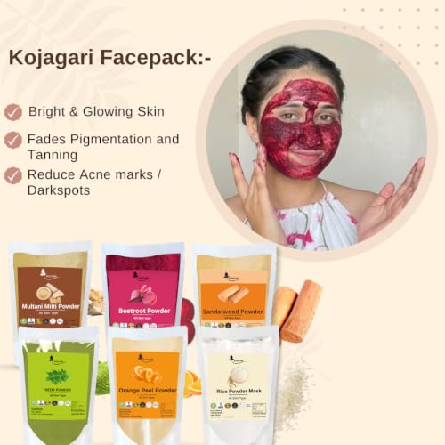 Image of Herbal Multani Mitti, Sandalwood, Beetroot, Orange peel, Neem , Rice Powder Mask by Kojagari ( Combo of 6 )| For Face pack | Reduce Acne, Darkspots, Pigmentation, D Tan | Bright and Glowing Skin |