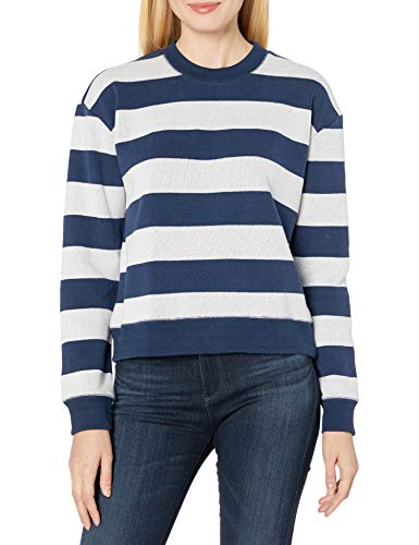 Splendid Women's Crewneck Long Sleeve Pullover Sweater, Navy/Off White, L