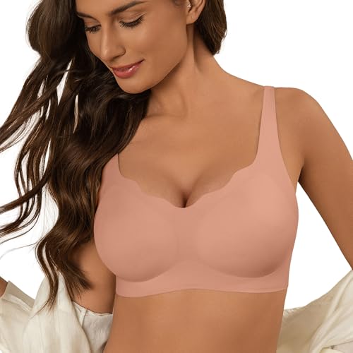 DEANGELMON Wireless Bras for Women -Seamless No Underwire Padded Bralettes, Full Coverage Comfortable Wirefree T-Shirt Bra with Adjustable Straps,Nude,L