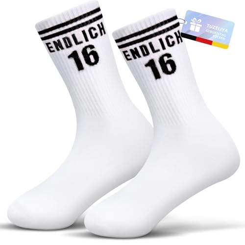 TUZELIYA 16. Geburtstag Geschenk, ENDLICH 16 Geburtstag Junge Baumwolle Socken, Tennissocken Sportsocken, Lustige Geburtstagsgeschenk für Mädchen Junge Schwester Bruder Beste Freundin, Schwarz