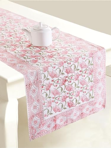 Image of Ravaiyaa - Attitude is everything Cotton Hand Block Printed Table Runner Bed Runner Table Bed Decor (White Pink Green Floral)