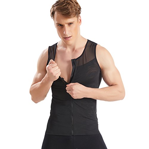 Hanerdun- Mens Slimming Body Shaper Shirt With Zipper Abs Abdomen Slim,Black,Large