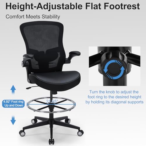 Image of Drafting Chair 400lbs Heavy Duty Tall Office Chair Big and Tall Ergonomic Standing Desk Chair with Lumbar Support and Adjustable Footrest Ring, Comfy Mesh Wide Chair with Flip-up Armrests, Black