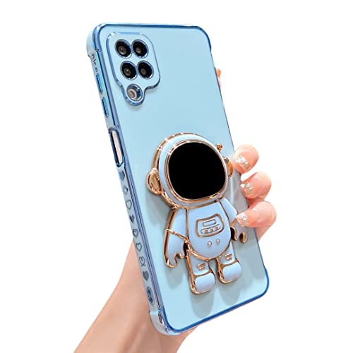 phylla for Samsung Galaxy A12 Astronaut Hidden Stand Holder Phone Case Luxury Gold Plating Cute Astronaut Side Cute Heart Pattern Case with Camera Protector Soft Shockproof Kickstand Bumper (Blue)