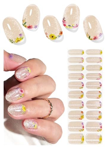 UV Gel Nail Stickers Flower Cat Eye 20pcs Semi Cured Gel Nail Strips Wraps for Home Manicure DIY