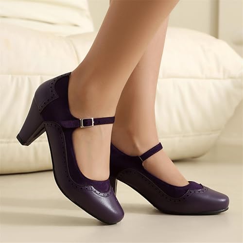 Image of Elerhythm Women's Mary Jane Classic and Retro 1920s Pump Heels Gatsby Oxford Pattern 1950s Pinup Vintage Round Closed Toe 1940s Ankle Strap Dress Shoes