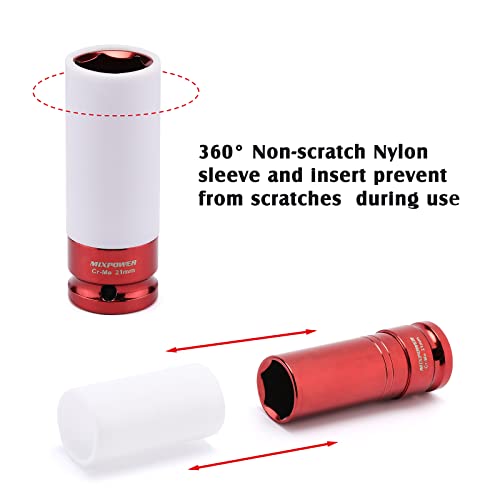 Image of MIXPOWER 7 Pieces 1 /2 inch Dr. Twist Socket and 1 /2 inch Dr. Thin Wall Deep Wheel Protector Impact Socket Set, Lug Nut Remover Extractor Tools, CR-MO, 6-Point, 17, 19, 21mm