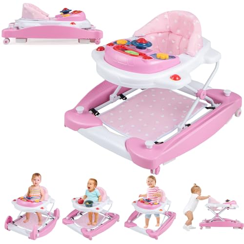 GYMAX 6 in 1 Baby Walker, Foldable Toddler Push Along Walker with Music, Lights and Rocker Mode, Height Adjustable Infant Learning to Walk Activity Center for 6-18 Months (Pink)