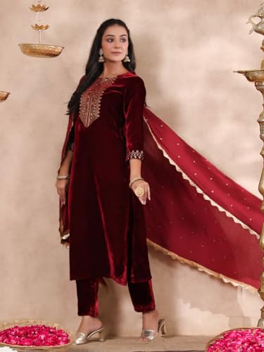 Image of ishin Women's Velvet Yoke Design Zari Maroon Straight Kurta Suit Set with Trousers & Dupatta