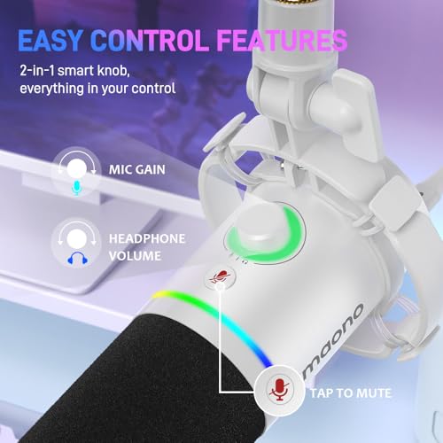 Image of MAONO XLR /USB Dynamic Microphone, RGB Gaming Mic with Software, Mute, Gain Knob, Volume Control and Headphone Jack for Streaming, Podcasting, Recording-PD200X (White)
