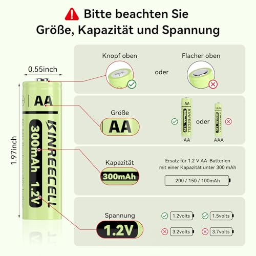 KINREECELL Wiederaufladbare AA-Batterien, NI-MH-Doppel-A-Solarbatterien mit Reale Kapazität, 1.2 V vorgeladen für Solarleuchten, Lichterketten, Solar-Wegeleuchten (AA-300 mAh, 12 Stück)