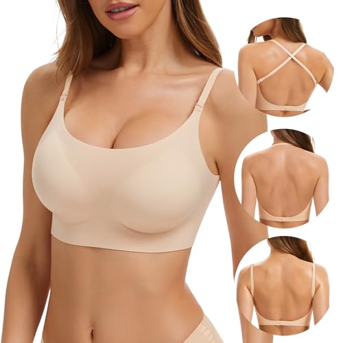 Low Back Bra Seamless No Underwire Padded Bralette Scoop Neck Bras Convertible Straps Halter Backless Bra, Nude, Small