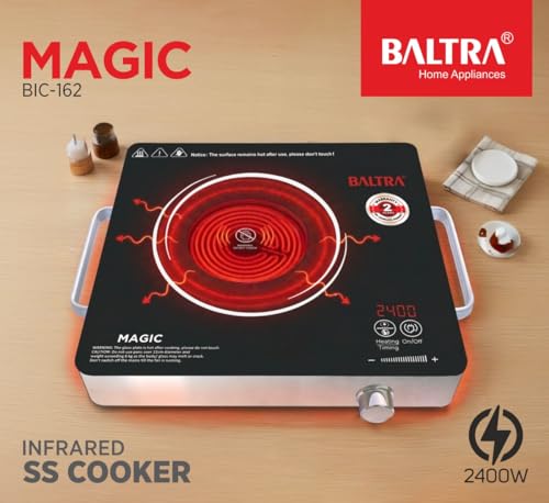 Image of BALTRA Magic 2400 W Infrared Induction Cooktop with Free Stainless Steel Grill for barbecue | Auto Shut Off & Overheat Protection Multi Power Level Function, Digital Display (Black, Touch Control)