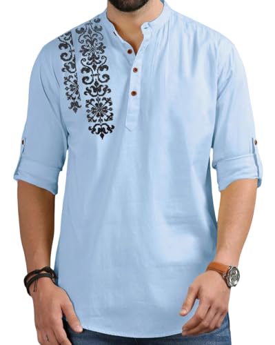 Image of FINIVO FASHION Men's Regular Fit Cotton Blend Kurta Shirt | Full Sleeve Ethnic Shirt with Mandarin Collar and Button Placket | Casual Kurta for Daily and Traditional Use