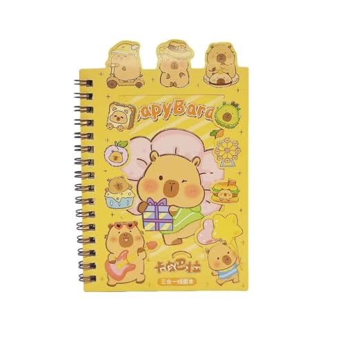 Caderno Espiral (LARANJA) com Adesivos Fofos de Capivara, Personagens Kawaii, Tema Comida e Animais