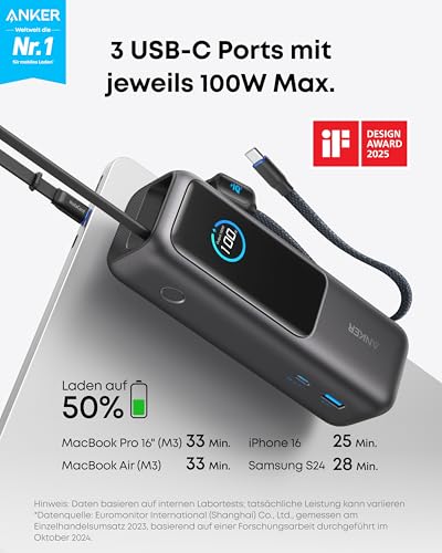 Anker Laptop Powerbank, 25.000mAh externer Akku mit 3X 100W USB-C Ports für Multi-Geräte-Ladeleistung, Integriertes + einziehbares Kabel, Für iPhone 16/15, MacBook, Samsung und mehr – Bild 3