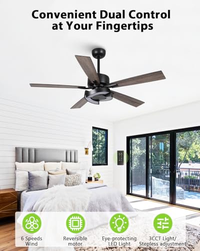 Image of Ceiling Fans with Lights and Remote - Creative Black 52 inch Ceiling Fan with Light, 3CCT, 6 Speeds, Dual-Sided Reversible 5 Blades Indoor Outdoor Modern Chandelier Fan for Bedroom Living Room