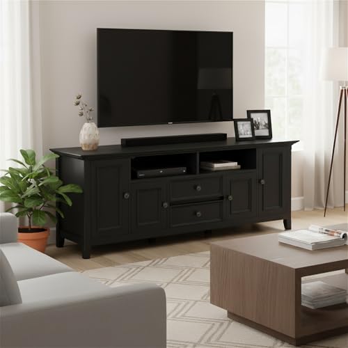 Image of SIMPLIHOME Amherst 72 inch Wide Solid Wood TV Stand in Black