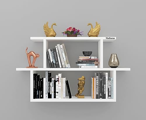Image of Madhuran Engineered Wood Wall Mounted Shower Books Storage Shelf Stand Tier 3 White /Home Library Shelves Cabinet Decorative Brackets Open Organizer