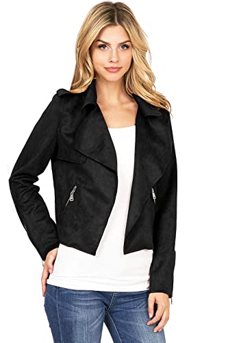 Haute Monde Women's Juniors Casual Faux Suede Moto Jacket (Small, Black)