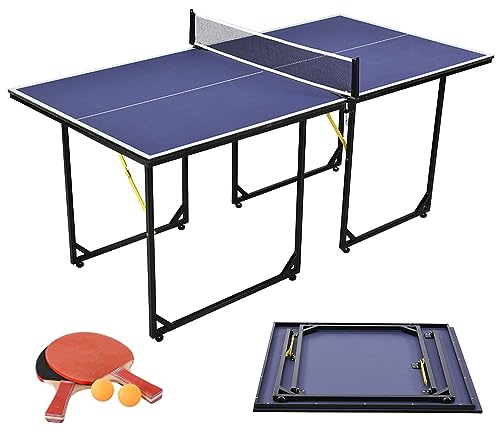 Simpolu 卓球台 家庭用 練習用 折りたたみ ピンポン台 ネット付 ピンポンテーブル 折り畳み 卓球台セット 屋内 収納便利 ラケット付 (ブルー)