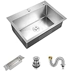 Inset/Undermount Stainless Steel Kitchen Sink Deep Square Single Bowl with Strainer Drain, Silver 60x50cm